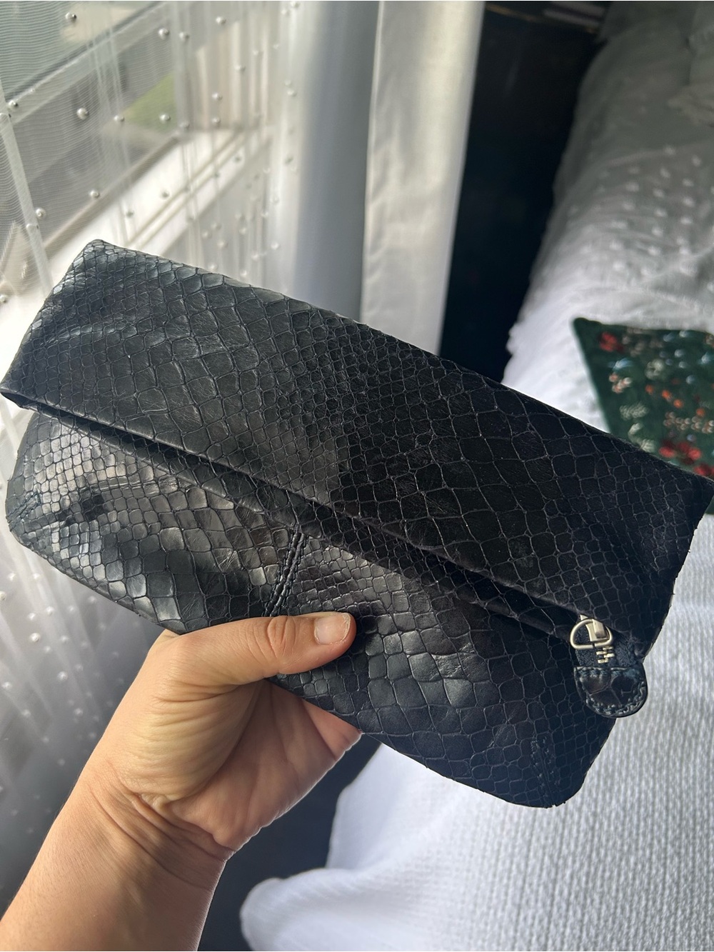 Club Monaco Leather Navy Black Snake-Embossed Fold-Over Clutch